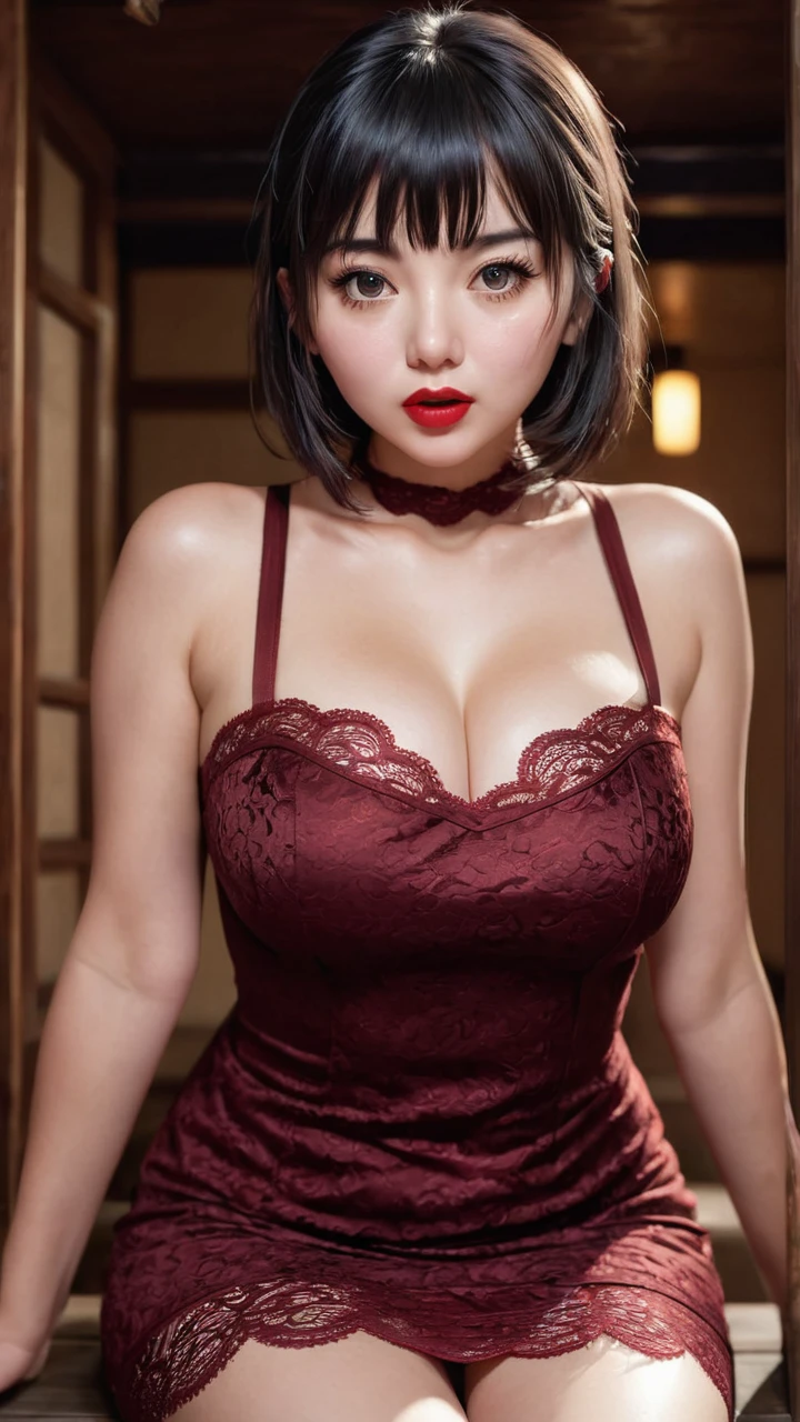 (Masterpiece, Best Quality, Photorealistic: 1.3), 1 girl, Beautiful eye details, Beautiful lips details, Cute, selfie, open mouth, plump, white skin, tight clothes, seductive, ((bangs hair, hair covering eyes, red lipstick young , slim lace, Brown dress: 1.3)), red mini skirt, squatting cowgirl, (sensual, when moaning: 1.3), messy black hair, sweaty body, upper body shot, put hands on the front side, onsen, solo focus , depth of field, volumetric lighting, perfect view, (dynamic pose:1.2), (from below:1.2), best quality, photo realistic, masterpiece, facial expressions, pleading, moaning eyes face, shocked expression, surprised