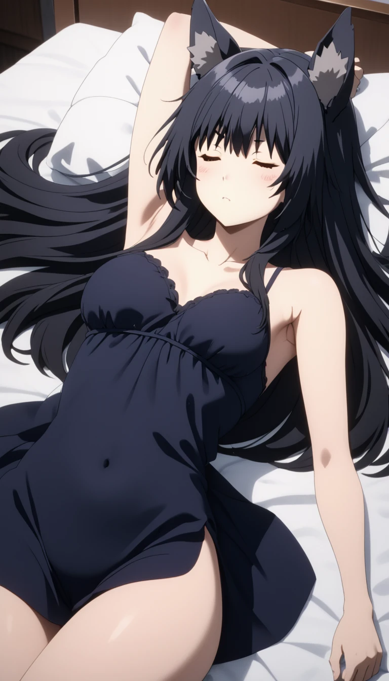 (Masterpiece、Highest quality、Very detailed、4K)、One Woman、、Black Hair、Long Hair、(((gamma)))、chest、arm、((Beautiful armpits))、Thighs、Beautiful face、(Sleeping in bed)