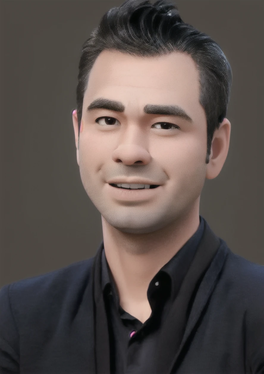 Create a 3D animation of a big-headed cartoon caricature. a 30 year old Indonesian man with short, slightly wavy black hair brushed back, round head facing forward, oval face with a strong jawline, thick straight eyebrows, almond-shaped brown eyes, a straight nose with a slightly rounded tip, symmetrical lips, and a slight friendly smile, wearing a solid blue shirt. Gradient blue background with professional lighting. masterpiece, top quality, highly detailed skin and face, ultra-realistic, high definition, studio lighting, sharp focus, full body view, Concept Art, 3D rendering.