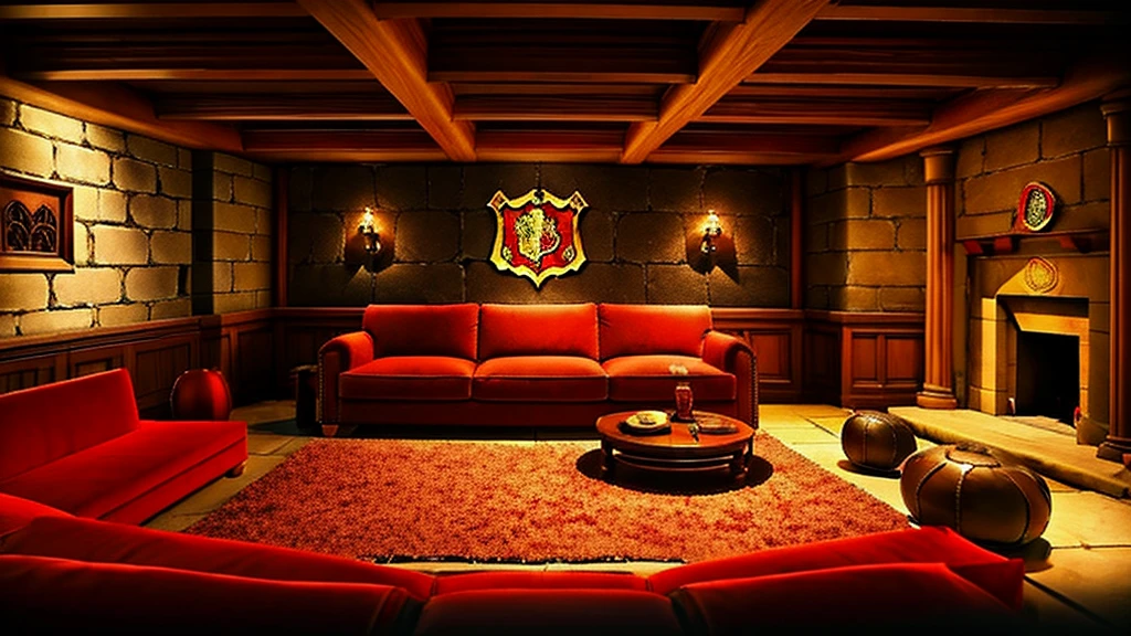 Gryffindor Common Room,Large chat room,Stone wall,Fantasy,middle ages,Red sofa,fireplace,machine,stage,warmth,Wide ceiling,Red carpet,parchment,Coffee cup《Harry potter》《hogwarts legacy》