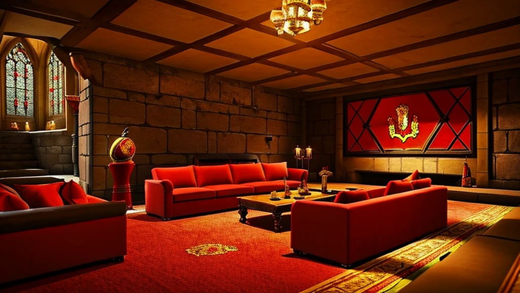 Gryffindor Common Room,Large chat room,Stone wall,Fantasy,middle ages,Red sofa,fireplace,machine,stage,warmth,Wide ceiling,Red carpet,parchment,Coffee cup《Harry potter》《hogwarts legacy》