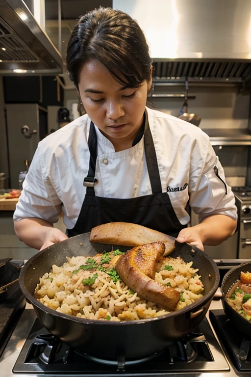 Create some chefs cooking chaufa and have it be in a format of 1136px width and 800px height