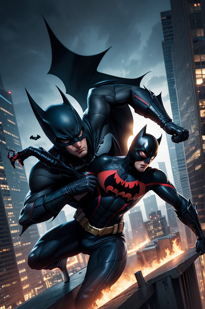 draw the Batman in an action scene with a lot of blood on his hands and mouth, blood on the ground because the scene is of Batman fighting several Cyberpunks at the behest of the villain Penguin, 64k,