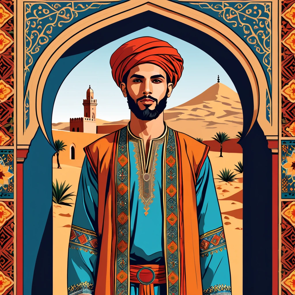 man in tunisia folk outfit, vector graphics, strong contours