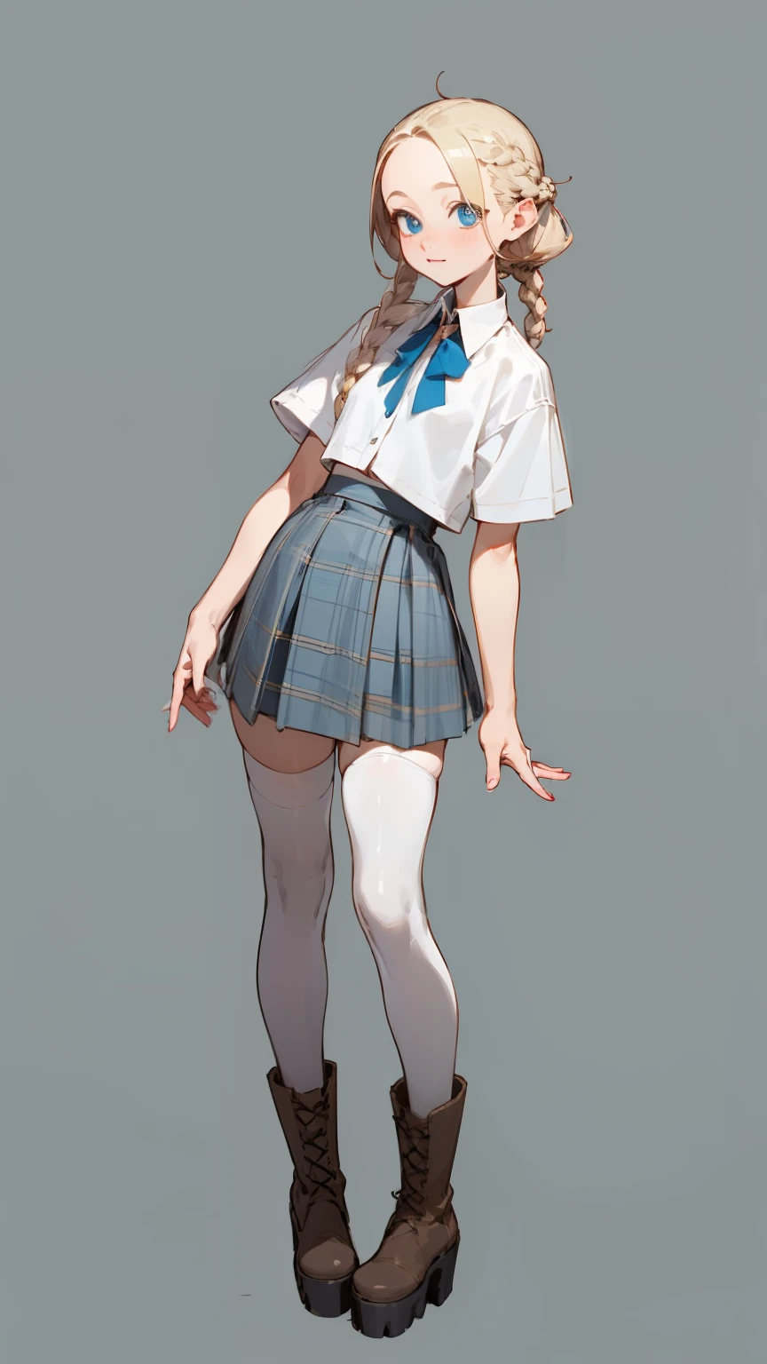 (masterpiece, best quality, super detailed, beautiful details eyes, Clean and delicate face), solo, (whole body, standing), Single Braided blonde pony tail, parted bangs, forehead, blue eye, slight smile, white short sleeve shirt, mini plaid skirt, thigh, Thigh-high stockings, Platform boots, simple color background