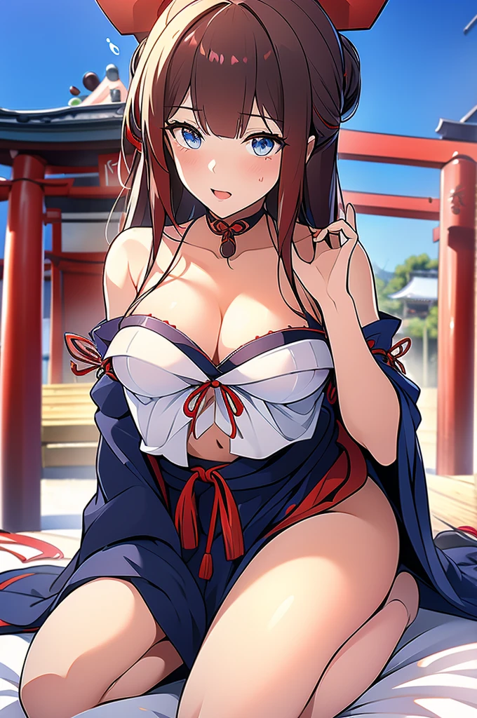 Black long hair、Deep blue eyes、woman、美しいwoman、Large Breasts、red and white shrine maiden clothes、A shrine maiden outfit that shows off her cleavage、Shrine Background、Outdoor、During sexual intercourse、On the bed、orgasm、Shrine maiden costume with hidden curves(100-60-78cm)