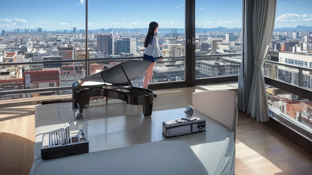 Ultra-high resolution, 8k, (Masterpiece, beautifully、mysterious:1.2), Works by Makoto Xin Haicheng, Lo-fi feel, Perfect human body engineering, 1 female, profile, mysteriousな瞳, White blouse and short skirt, Shiny long black hair, Larger than average bust, Listening to music through headphones, Looking out the window, A room with musical instruments, city view from the window, Impressive cityscape, Bright Sky, meteor, Wide angle, Before dusk