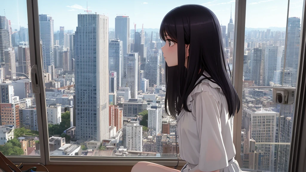 Ultra-high resolution, 8k, (Masterpiece, beautifully、mysterious:1.2), Works by Makoto Xin Haicheng, Lo-fi feel, Perfect human body engineering, 1 female, profile, mysteriousな瞳, White blouse and short skirt, Shiny long black hair, Larger than average bust, Listening to music through headphones, Looking out the window, A room with musical instruments, city view from the window, Impressive cityscape, Bright Sky, meteor, Wide angle, Before dusk