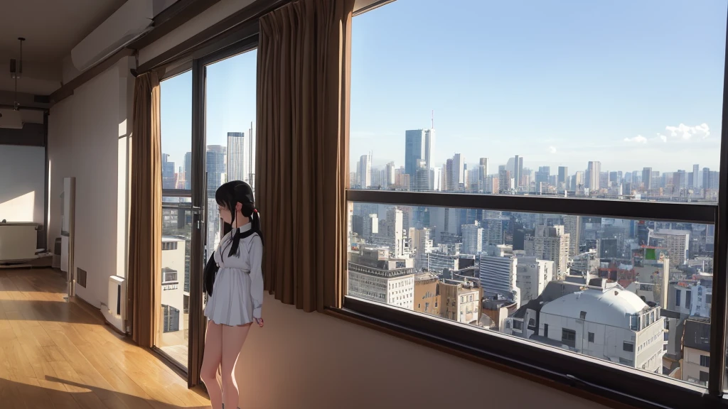Ultra-high resolution, 8k, (Masterpiece, beautifully、mysterious:1.2), Works by Makoto Xin Haicheng, Lo-fi feel, Perfect human body engineering, 1 female, profile, mysteriousな瞳, White blouse and short skirt, Shiny long black hair, Larger than average bust, Listening to music through headphones, Looking out the window, A room with musical instruments, city view from the window, Impressive cityscape, Bright Sky, meteor, Wide angle, Before dusk