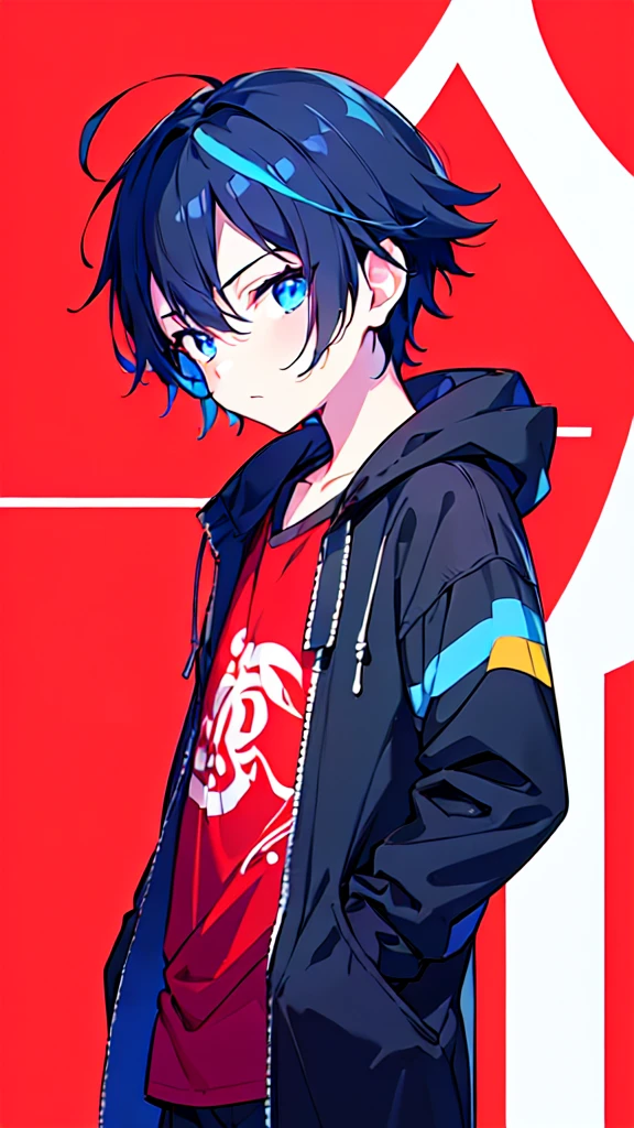 [(RED BACKGROUND:1.5),::5], ((((masterpiece)))), high quality, ultra very high resolution, full color, (((solo))), (( boy)), BLACK hair, (Blue streaked hair), (oriental deepblue eyes), anime, ((upper body)), Summer clothes, neon light, black parka, 