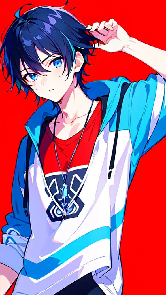 [(RED BACKGROUND:1.5),::5], ((((masterpiece)))), high quality, ultra very high resolution, full color, (((solo))), ((little boy)), BLACK hair, (Blue streaked hair), (oriental deepblue eyes), anime, ((upper body)), Summer clothes, neon light, black parka, 