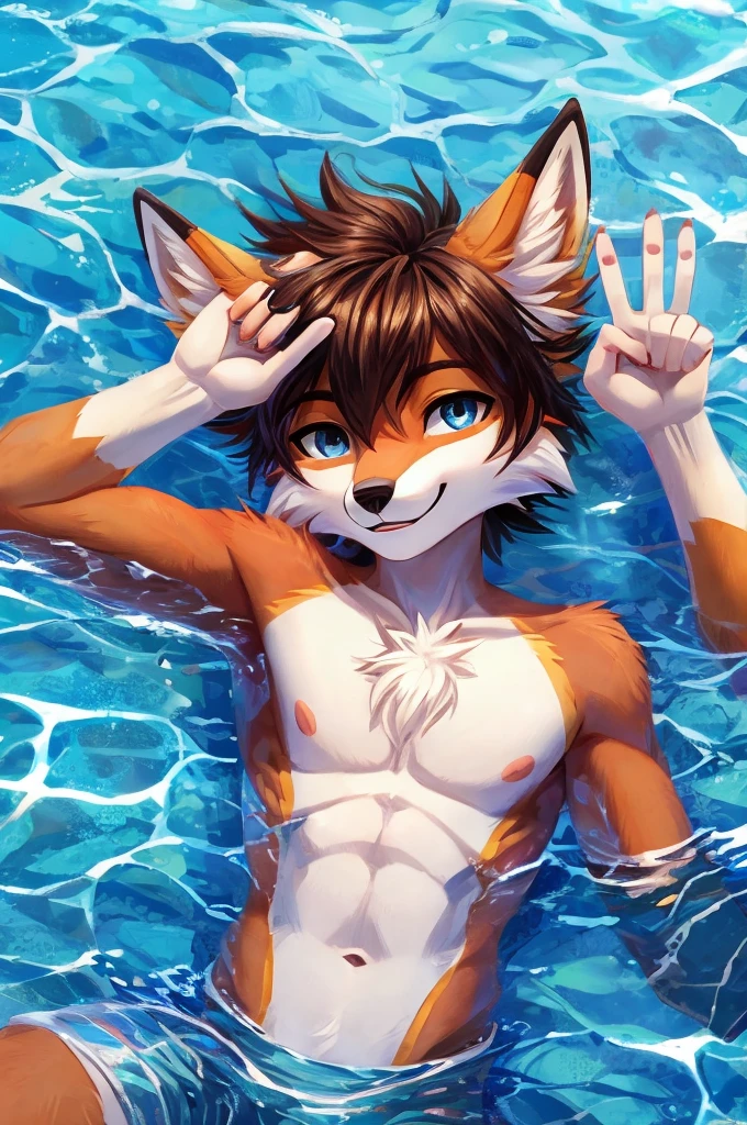 (masterpiece, 4K, ultra detailed), fox furry, single, red fur, dark brown belly fur, short brown hair, messy haircut, masculine, wide, sunny, sea, in water, frown, naked, cumshot, load of cum, anime, brown penis, balls, green eyes