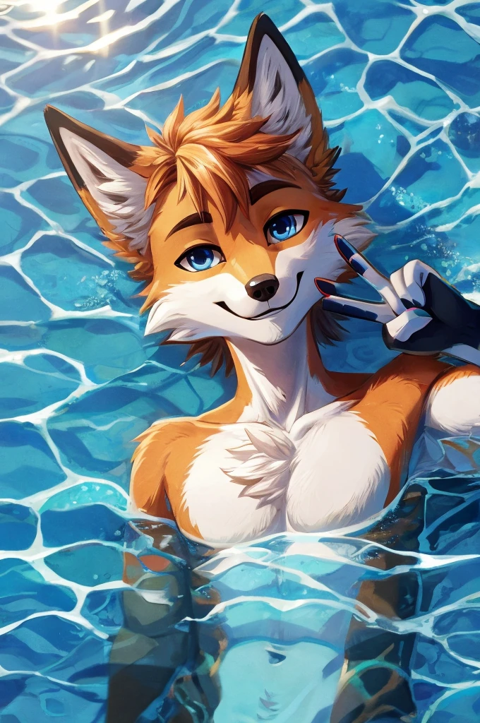 tails the fox from sonic, Miles Prower, masterpiece, detailed, sun rays, intricate, pastel, closed mouth, pool, small penis, precum, submerged, sun rays, completely, penis, closed legs, petite, flat chest, caustics, leaning, outdoors, grass, flowers, fence, happy