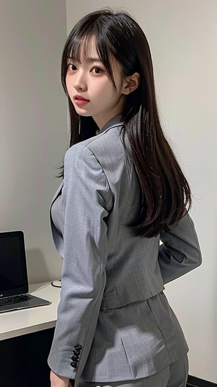 photorealistic, (Highest quality, 8k, 32k, masterpiece, Ultra-high resolution:1.2), One girl, Beautiful 20-year-old Japanese female idol, Tight waist, grey suit, Open jacket, office lady, suit, pants, Diagonally from behind, Office Room, (Detailed face, Semi-long hair, Inside a stylish office,