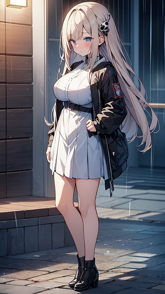 Full body image, フロント, One girl, 18-year-old, Mix 4, (32k, RAW Photos, Highest quality, masterpiece:1.2), (Anime-like, photoAnime-like:1.37), cute, ミニスカートのドレス, night, rain, Humidity, Professional Lighting, Photon Mapping, Radio City, Physically Based Rendering, Super Resolution, (Big Breasts:1.2), {{The biological weapon that had preyed on the younger sister took her place and reunited with the older brother.}}, Girl Skull, whole body, NSFW
