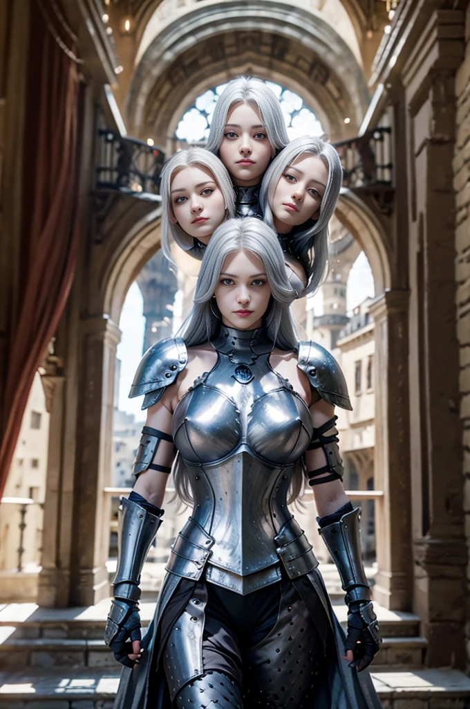 best resolution, half-body shot, 3heads, full knight armor, three headed knight, gray hair,  different eye colors, castle background