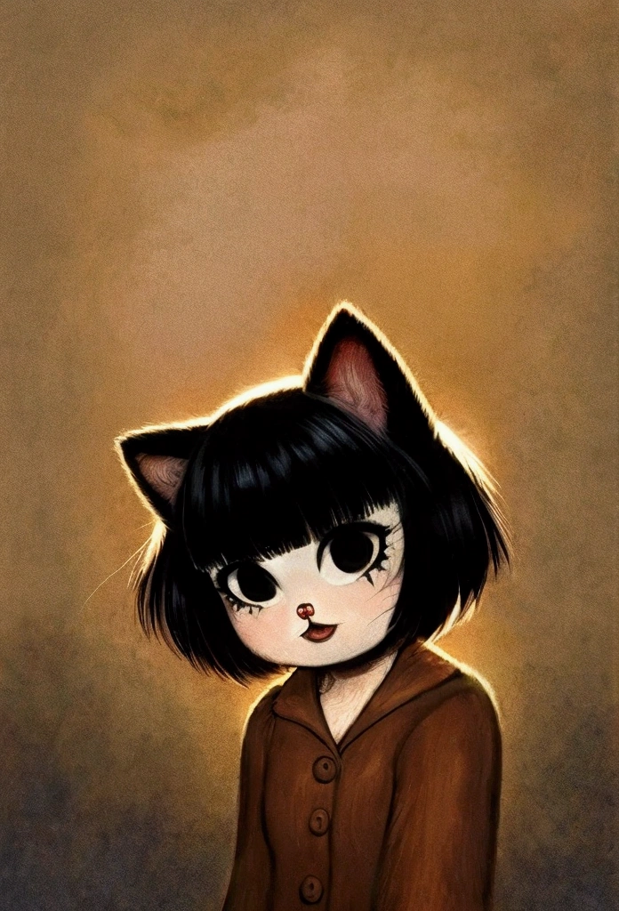 Young furry anthropomorphic cat, creamy brown coat color with pointed black lines and abundant fluffy fur, her cat ears are thin and with dangling earrings, its cat tail with black kines very hairy and fluffy, messy black hair, black eyes with septum piercing,
