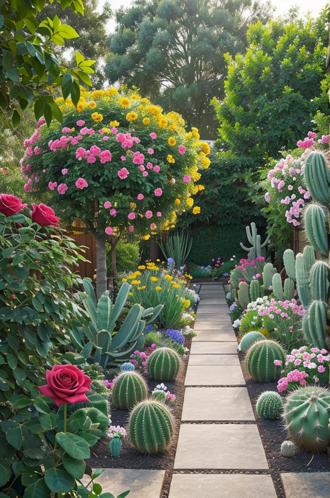 Show a vibrant garden with various plants and flowers, including the Proud Rose standing tall and beautiful, and the Cactus nearby.