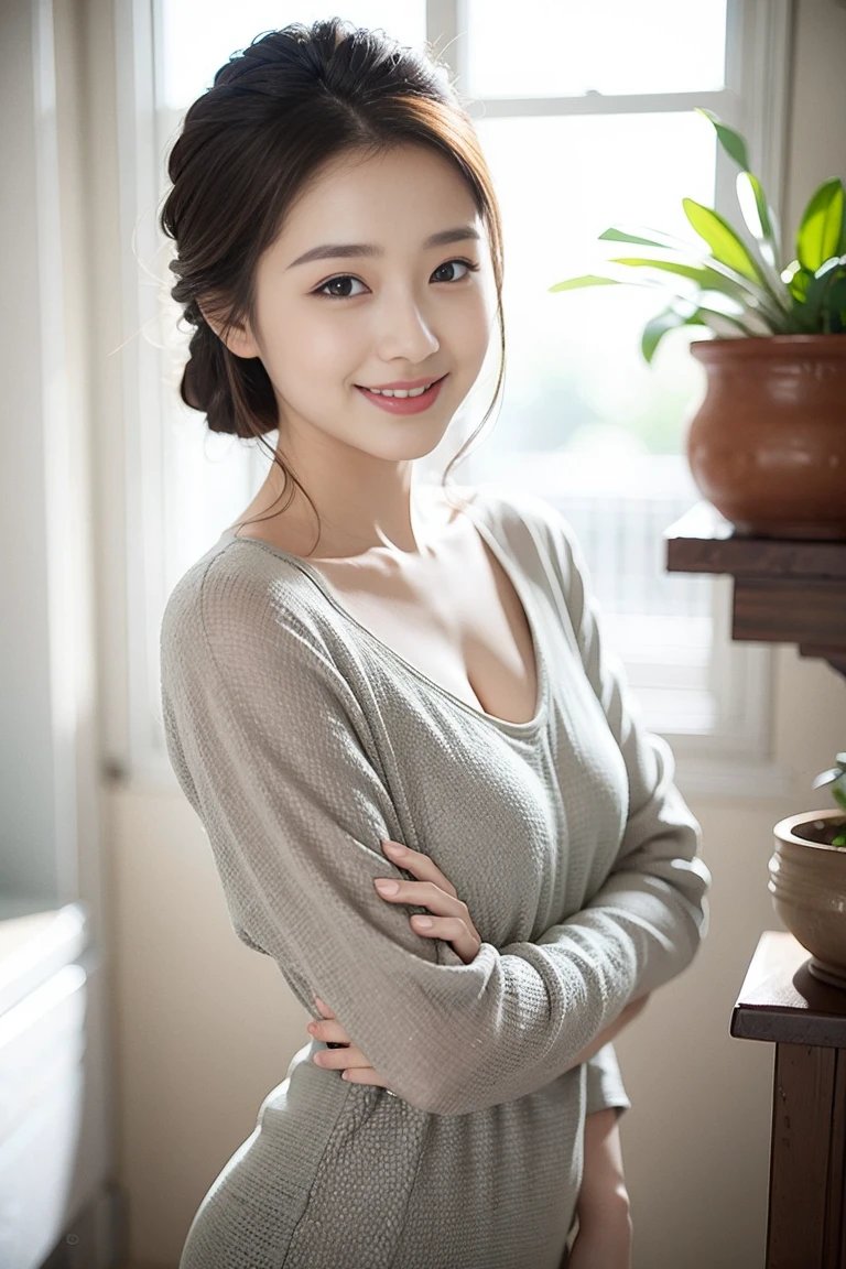 Highest quality, 1 beautiful woman, 28 years old, Oval face,Phoenix Eyes,Eyebrow, Double eyelids, Long eyelashes, A faint smile, ,s, 35mm lens, F/1, Cowboy shot, Specific Background、Tiled background、Perm、sweat ((Light grey straight dress:1.1)), (a charming smile:1.2), Perfect proportion,Sexy pose,look、stare、Houseplant、verdant、look到whole body、window,RHA30