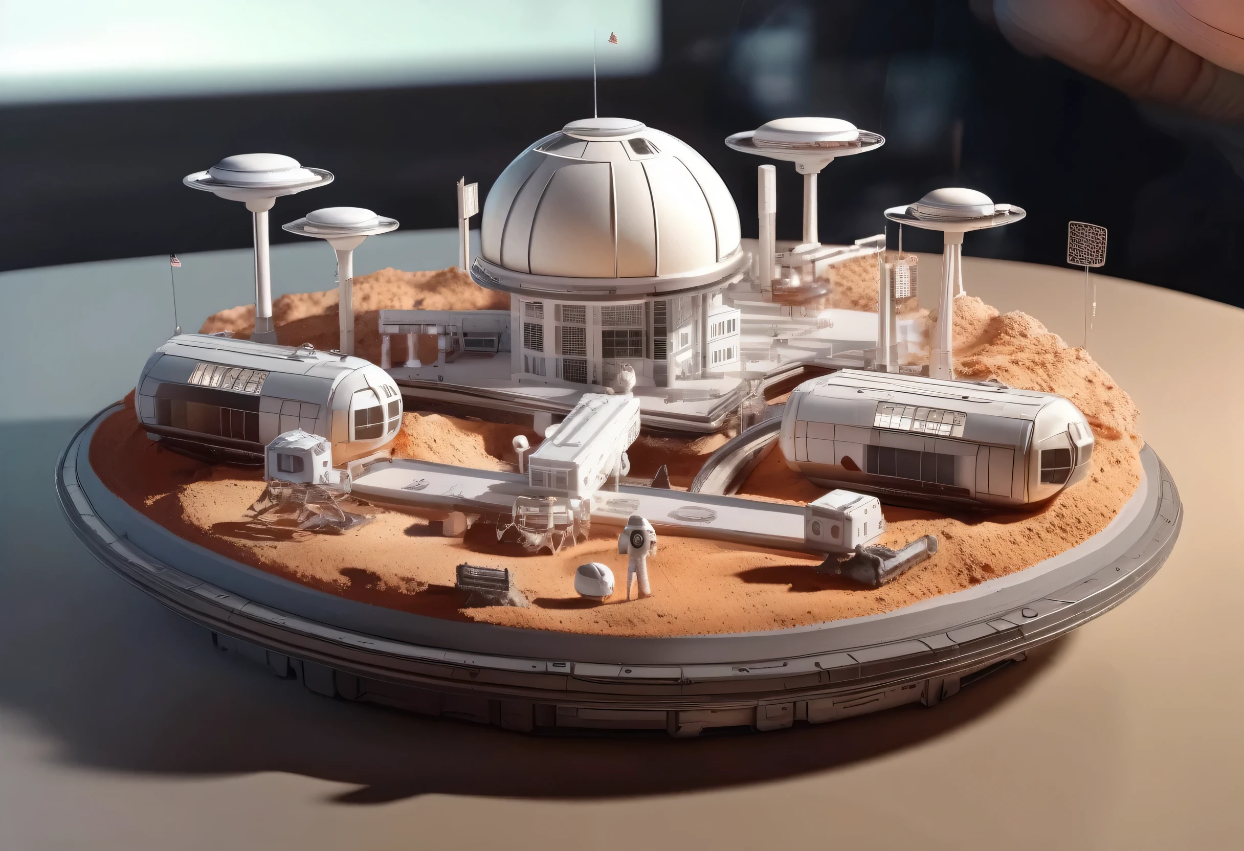 Artist's rendering of a miniature model of the Mars space station, detailed matte painting, inspired by CG Association competition winner Filip Hodas, sophisticated Miniature toy model, heavy mechanical industrial futuristic mine, transportation vehicle, futuristic military base Inside, astronaut, 8k rendering, high-fidelity Miniature model,