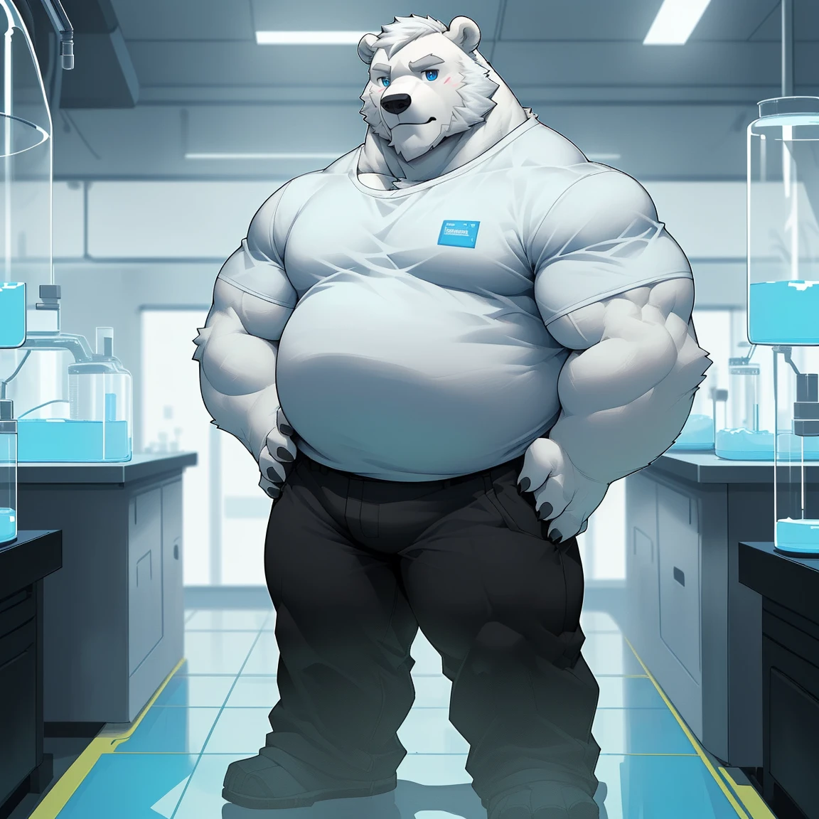 masterpiece, best quality, 8k resolution, Very detailed, hairy,(((polar bear)),(((Mature))),(((beard))),(((fat))),(((portrait))),(((White hair))),(((Standing))),(((Plain black T-shirt))),(((Blue Eyes))),(((Hands on hips))),Highest quality scene,(((Hip bulge))),(((Fat-enclosed muscle))),(((Round face))),(((laboratory))),(((Experiment))),(((Solitary))),(((Black trousers)))