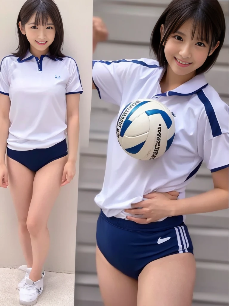 Highest quality, masterpiece, Ultra-high resolution, (Realistic:1.4), Raw photo, One girl, The most famous Japanese actresses, Wearing a volleyball uniform, Very beautiful face, very beautiful big eyes, Very beautiful short hair, Very beautiful skin, Very beautiful long eyelashes, Very beautiful lips, Very beautiful hips, Very beautiful thighs, Upturned buttocks, Dynamic Pose, An innocent smile