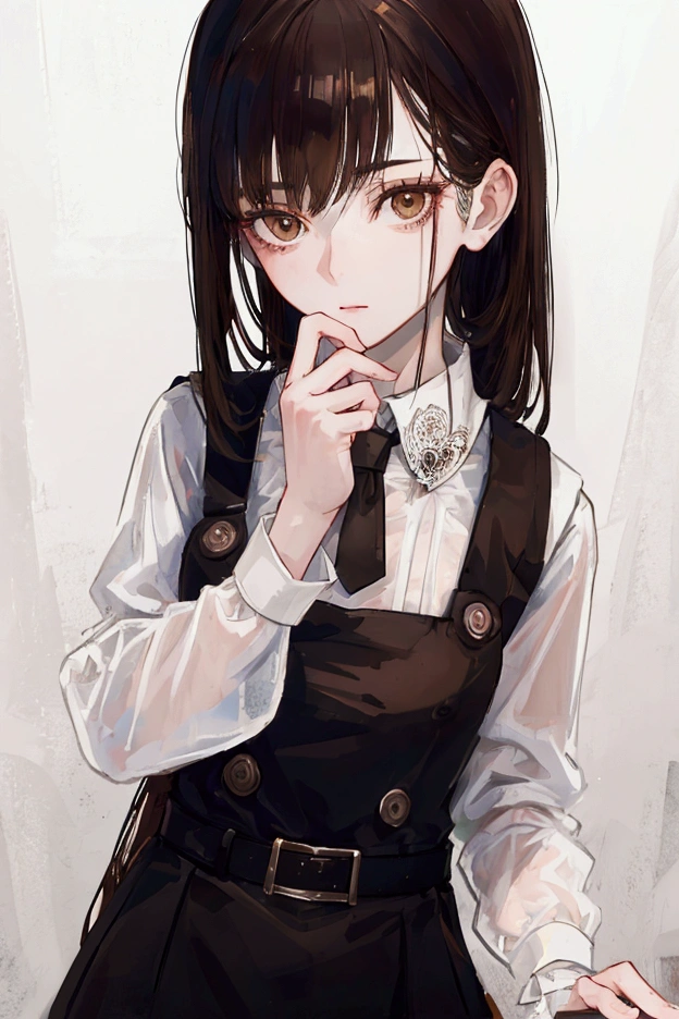 ((masterpiece, Highest quality)), (One girl), (alone), (Focus on women), night (Chainsaw Man),(Highly detailed face, The real picture, Realistic white skin, Realistic body, Intricate details), Upper Body, Severe , Brown eyes, Looking at the audience, bandage over the body, Black Hair, Long sleeve shirt, Pinafore dress, Black tie, bandage, bandage, Small breasts