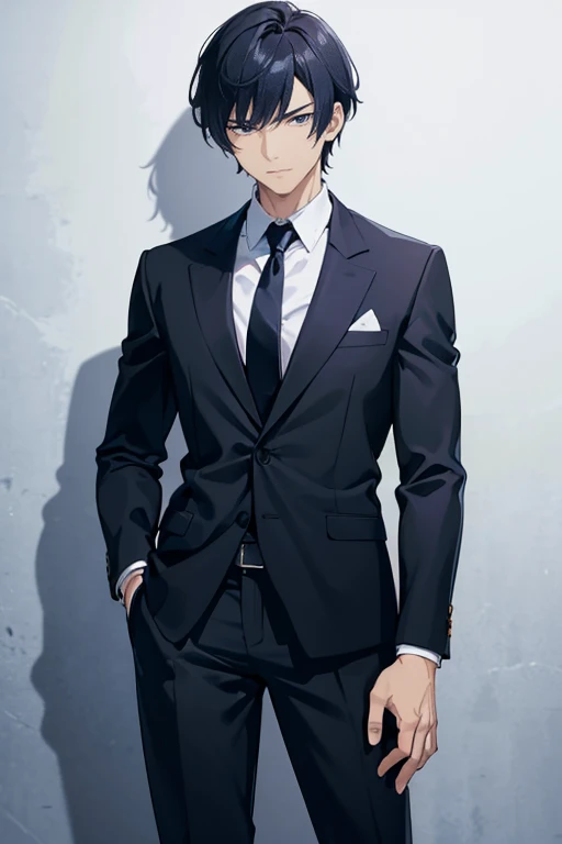 One Gentleman、Handsome man、Handsome uncle、solo、cowboy shot、A photo showing your body from your thighs to the top of your head、Front facing、Standing facing forward、Standing facing the camera、Black Hair、Short Hair、Iris、Bangs parted 7:3、Glaring expression、Black business suit、Blue tie、White background