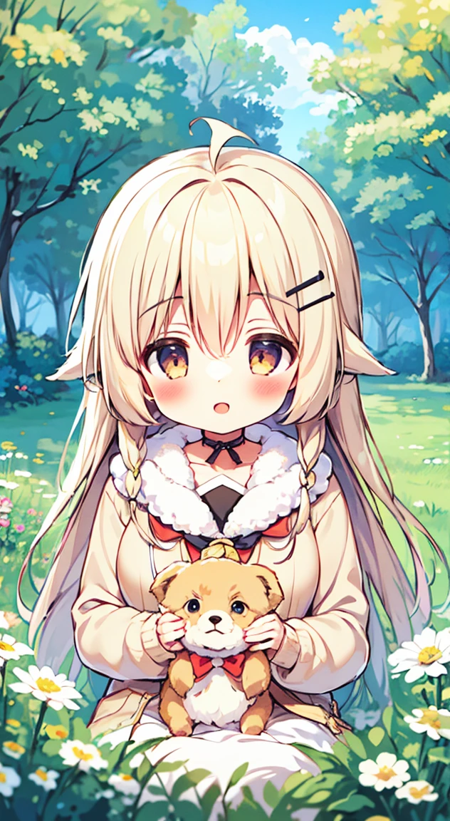 ((Highest quality,masterpiece,))Anime Girls,Cute Face,style,flower garden,countryside,garden,1Girl Girl,1Animal Cute Pomeranian,