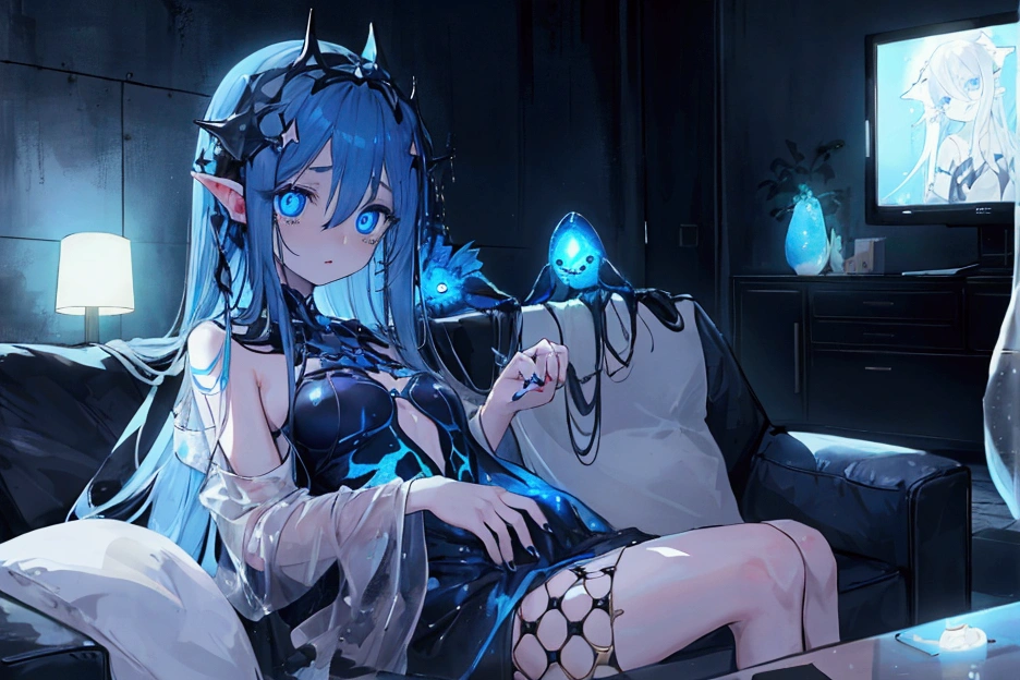 (embedded: cute) Sitting on the couch glowing, Wet, sticky scales, ((Long Hair)|(nail)), a cute face with frightened ((Big eyes)|(blue eyes)) and cute lips under the dark glow of the TV, Surrounded by comfortable pillows、 (subtle)|(intense) The smell of the room.