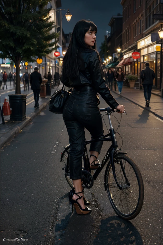 painting of a woman black hair. bangs. (((high heels))), riding a bicycle on a city street, an oil painting inspired by Norman Garstin, dribble, figurative art, with his back to the viewer, early evening, in the city, part dean cornwell style, bicycle, morning detail, not going anywhere. oil painting, clothed! oil on canvas, late evening, alla prima oil painting