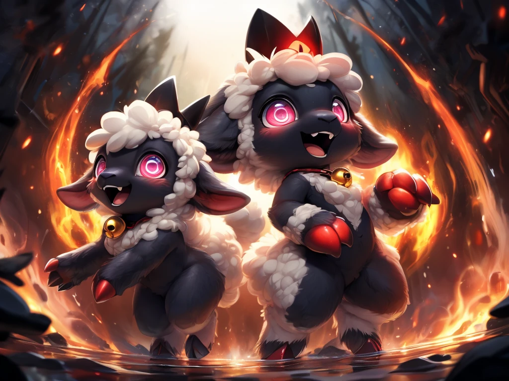 female den sheep,  ovelha, cute-fine-face, ultra cute face, cute, Flat Breast, breasts small, shiny black skin, bright white wool, shiny black skin, ((floating)), mid-air, triumphant pose, ((reflective eyes)), expressive eyes, detailed big hands, red crown, golden bell necklace, detailed red cover, (horizontal pupils), Eyes red, shiny black horns, shiny wool, (breast wool), hairy groin, leg wool, arm wool, Evil laughter, triumphant pose, gaping mouth, provocative, fangs, language, Low angle, Depth of field, Three-quarter view, loaded on e621, by dagasi, by loimu, by hioshiru, por silverfox5213, by darkgem, (by carrot:0.4), Fapuclaws, Fapuhooves, darkness background, black forest, Meia-noite, kosmos, detailed back ground, Ray tracing, conceptual artwork, highy detailed, ((work of art)), ((best qualityer)) film composition, ultra realistic, (high détail:1.3), sharp focus,