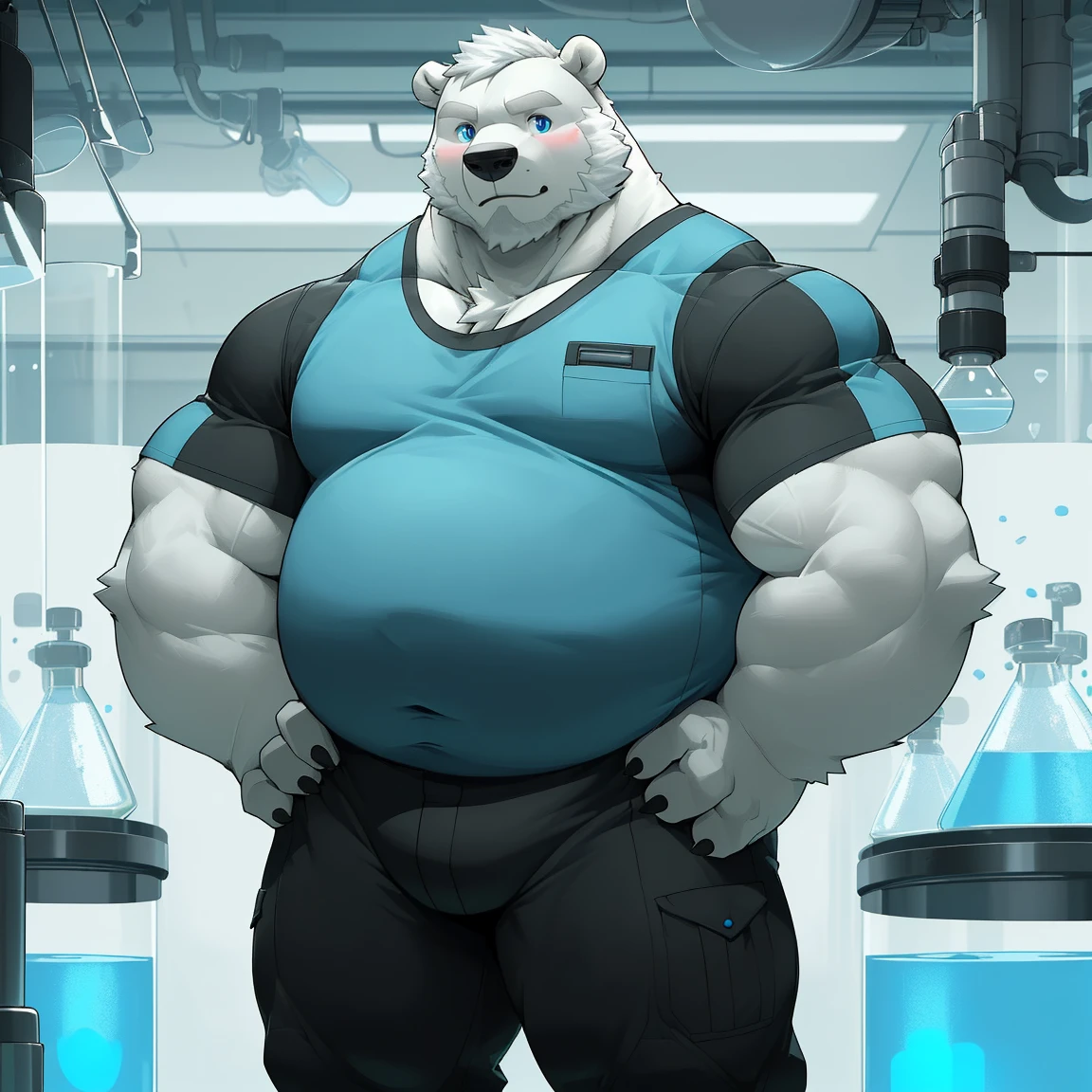 masterpiece, best quality, 8k resolution, Very detailed, hairy,(((polar bear)),(((Mature))),(((beard))),(((fat))),(((portrait))),(((White hair))),(((Standing))),(((Black T-shirt))),(((Blue Eyes))),(((Hands on hips))),Highest quality scene,(((Hip bulge))),(((Fat-enclosed muscle))),(((Round face))),(((laboratory))),(((Experiment))),(((Solitary))),(((Short sleeve)))
