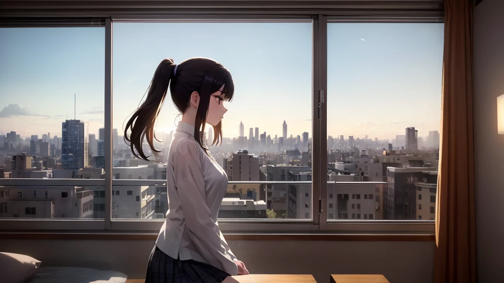 Ultra-high resolution, 8k, (Masterpiece, beautifully、mysterious:1.2), Works by Makoto Xin Haicheng, Lo-fi feel, Perfect human body engineering, 1 female, profile, mysteriousな瞳, White blouse and short skirt, Shiny long black hair, Larger than average bust, Listening to music through headphones, Looking out the window, A room with musical instruments, city view from the window, Impressive cityscape, Bright Sky, meteor, Wide angle, Before dusk