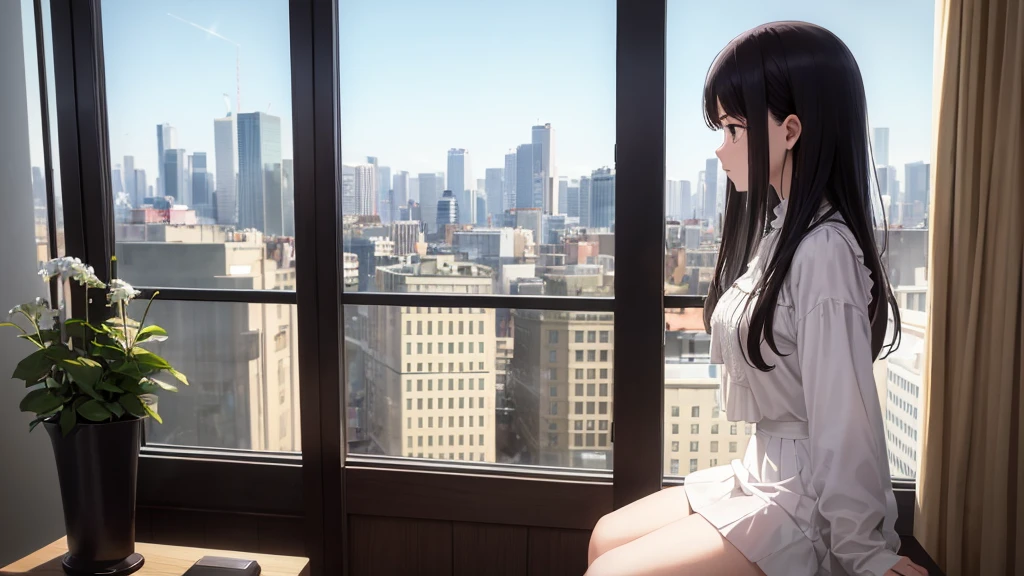 Ultra-high resolution, 8k, (Masterpiece, beautifully、mysterious:1.2), Works by Makoto Xin Haicheng, Lo-fi feel, Perfect human body engineering, 1 female, profile, mysteriousな瞳, White blouse and short skirt, Shiny long black hair, Larger than average bust, Listening to music through headphones, Looking out the window, A room with musical instruments, city view from the window, Impressive cityscape, Bright Sky, meteor, Wide angle, Before dusk