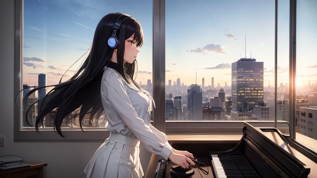Ultra-high resolution, 8k, (Masterpiece, beautifully、mysterious:1.2), Works by Makoto Xin Haicheng, Lo-fi feel, Perfect human body engineering, 1 female, profile, mysteriousな瞳, White blouse and short skirt, Shiny long black hair, Larger than average bust, Listening to music through headphones, Looking out the window, A room with musical instruments, city view from the window, Impressive cityscape, Bright Sky, meteor, Wide angle, Before dusk