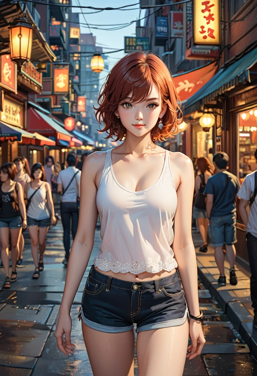 ((Central chest, Tomboy, Small head)), dawn, Sunlight, (Clear abdominal muscles: 1.1), (Perfect body: 1.1), (Short Wavy Hair: 1.2), Auburn hair, Full body image, Crowded streets, Wearing a white vest, ((shorts)), (Highly detailed CG 8K wallpaper), (Very delicate and beautiful), (masterpiece), (best quality: 1.0), (ultra-high resolution: 1.0), Beautiful Lights, Perfect Lightning, Realistic shadows, [high resolution], Delicate skin, Very detailed, Lovely smile