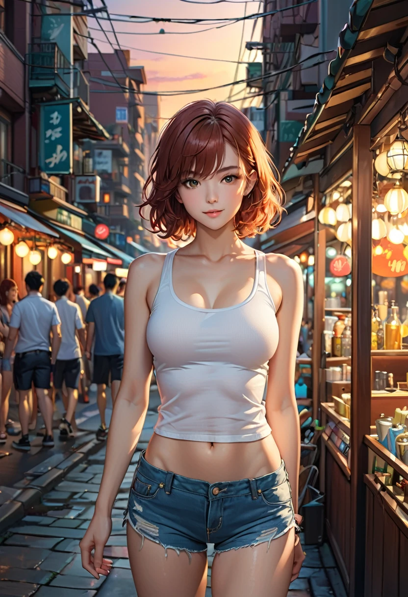 ((Central chest, Tomboy, Small head)), dawn, Sunlight, (Clear abdominal muscles: 1.1), (Perfect body: 1.1), (Short Wavy Hair: 1.2), Auburn hair, Full body image, Crowded streets, Wearing a white vest, ((shorts)), (Highly detailed CG 8K wallpaper), (Very delicate and beautiful), (masterpiece), (best quality: 1.0), (ultra-high resolution: 1.0), Beautiful Lights, Perfect Lightning, Realistic shadows, [high resolution], Delicate skin, Very detailed, Lovely smile
