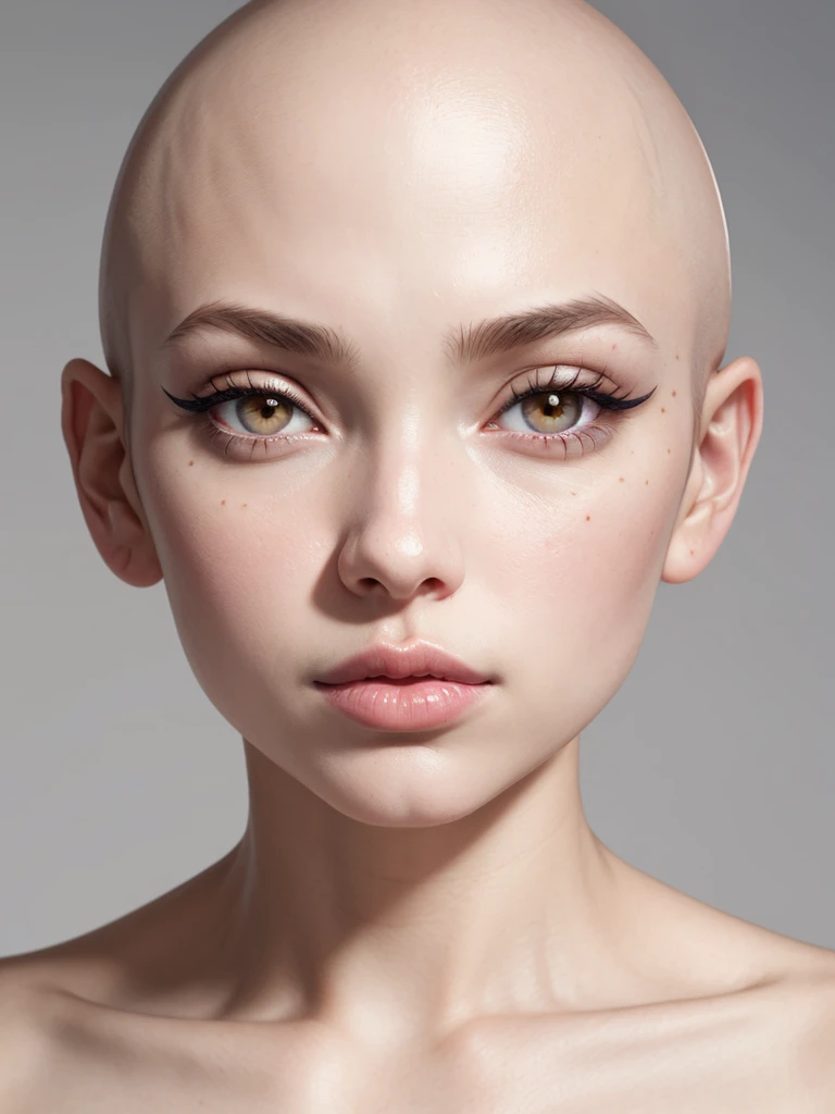 beautiful girl, blue eyes, no hair, hyper realism, skin details, eye details, raw, UHD, retina, masterpiece, textured skin, super detail, high details, high quality, best quality, highres, HD, 4K, 8k, 16k