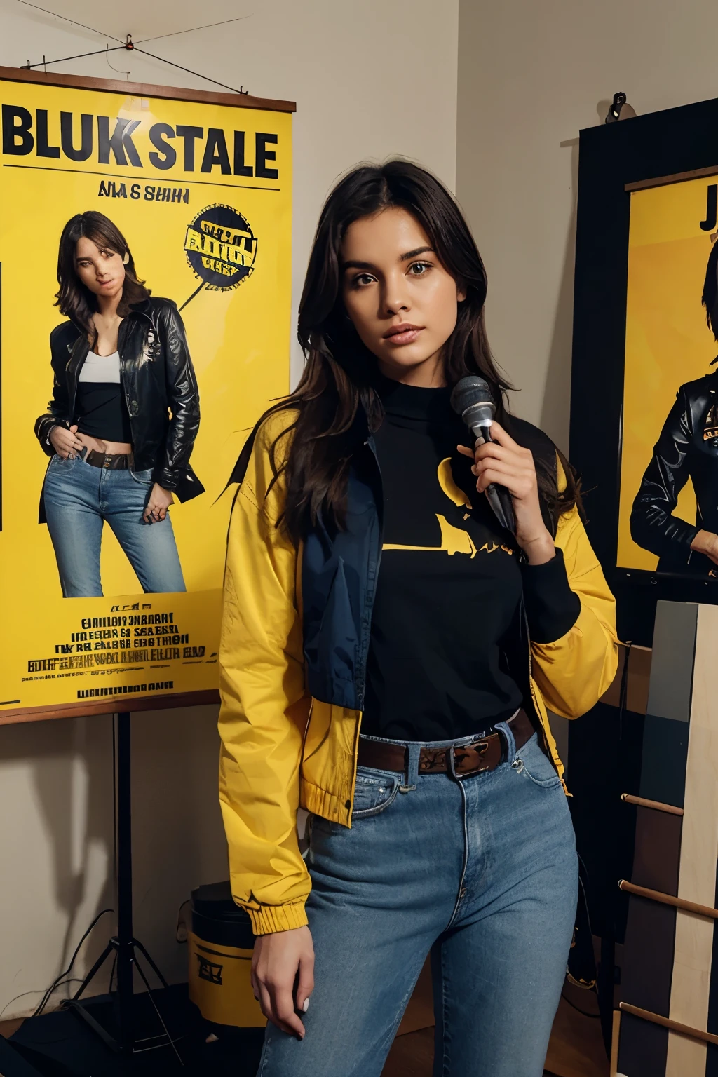 a woman holding a microphone in her hand inside a studio and wearing a yellow jacket with blue jeans and black belt with a big sale banner, poster template on canva, fashion poster, advertisement poster