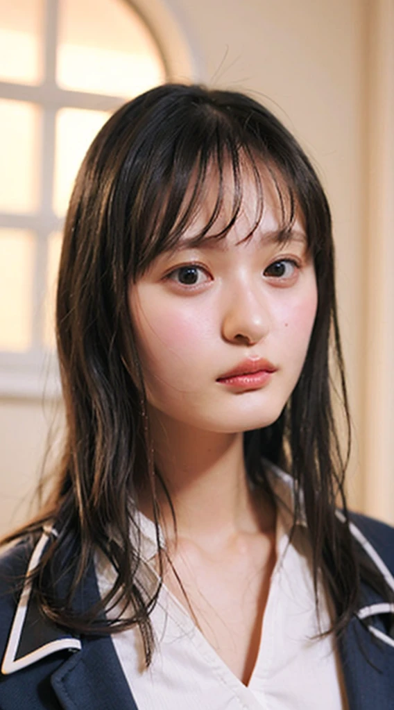 32k、High resolution、Natural light color gradation、Realistic lighting、Soft Light、Ray Tracing Technology、Backlight、Fine shading、Three-dimensional effect of the face、Film Grain Effect、Fine details、natural、Delicate light and shadow、Sharp details、Highest quality realistic textures、Smooth, glowing skin、Delicately expressing pores and fine hairs、A natural pale pink complexion on the cheeks、Black straight hair、Shoulder length、Bangs reach the eyebrows、Each and every hair is drawn in detail、Has a natural shine、Shines where light hits、Big brown eyes、The iris pattern is depicted in detail.、The pupil is clearly visible in the center、The light from the window reflects in your eyes、The reflection of light gives the eyes a little sparkle、Thin blood vessels are visible in the whites of the eyes around the pupils.、Adding Realism、Each long eyelash is carefully drawn.、Naturally shaped eyebrows、The flow of hair is clearly visible、With a bright smile、I can see my pure white teeth、Lips are naturally pink、Realistic expression of texture and gloss、There is a slight shadow on the edge of the lips、It has a three-dimensional effect、Subtle light reflections are drawn on the surface of the teeth.、Gums are a healthy pink color、Smooth jaw and beautiful face line、There is a slight shadow under the chin、The boundary with the neck is drawn naturally.、The fine muscle lines are visible on the neck.、Healthy impression、White blouse and navy blue sailor suit、The uniform has a neatly tied red ribbon on the collar.、The texture and wrinkles of the clothing fabric are depicted in detail