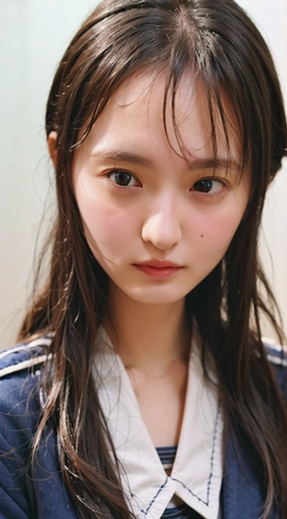 32k、High resolution、Natural light color gradation、Realistic lighting、Soft Light、Ray Tracing Technology、Backlight、Fine shading、Three-dimensional effect of the face、Film Grain Effect、Fine details、natural、Delicate light and shadow、Sharp details、Highest quality realistic textures、Smooth, glowing skin、Delicately expressing pores and fine hairs、A natural pale pink complexion on the cheeks、Black straight hair、Shoulder length、Bangs reach the eyebrows、Each and every hair is drawn in detail、Has a natural shine、Shines where light hits、Big brown eyes、The iris pattern is depicted in detail.、The pupil is clearly visible in the center、The light from the window reflects in your eyes、The reflection of light gives the eyes a little sparkle、Thin blood vessels are visible in the whites of the eyes around the pupils.、Adding Realism、Each long eyelash is carefully drawn.、Naturally shaped eyebrows、The flow of hair is clearly visible、With a bright smile、I can see my pure white teeth、Lips are naturally pink、Realistic expression of texture and gloss、There is a slight shadow on the edge of the lips、It has a three-dimensional effect、Subtle light reflections are drawn on the surface of the teeth.、Gums are a healthy pink color、Smooth jaw and beautiful face line、There is a slight shadow under the chin、The boundary with the neck is drawn naturally.、The fine muscle lines are visible on the neck.、Healthy impression、White blouse and navy blue sailor suit、The uniform has a neatly tied red ribbon on the collar.、The texture and wrinkles of the clothing fabric are depicted in detail