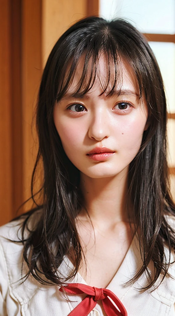 32k、High resolution、Natural light color gradation、Realistic lighting、Soft Light、Ray Tracing Technology、Backlight、Fine shading、Three-dimensional effect of the face、Film Grain Effect、Fine details、natural、Delicate light and shadow、Sharp details、Highest quality realistic textures、Smooth, glowing skin、Delicately expressing pores and fine hairs、A natural pale pink complexion on the cheeks、Black straight hair、Shoulder length、Bangs reach the eyebrows、Each and every hair is drawn in detail、Has a natural shine、Shines where light hits、Big brown eyes、The iris pattern is depicted in detail.、The pupil is clearly visible in the center、The light from the window reflects in your eyes、The reflection of light gives the eyes a little sparkle、Thin blood vessels are visible in the whites of the eyes around the pupils.、Adding Realism、Each long eyelash is carefully drawn.、Naturally shaped eyebrows、The flow of hair is clearly visible、With a bright smile、I can see my pure white teeth、Lips are naturally pink、Realistic expression of texture and gloss、There is a slight shadow on the edge of the lips、It has a three-dimensional effect、Subtle light reflections are drawn on the surface of the teeth.、Gums are a healthy pink color、Smooth jaw and beautiful face line、There is a slight shadow under the chin、The boundary with the neck is drawn naturally.、The fine muscle lines are visible on the neck.、Healthy impression、White blouse and navy blue sailor suit、The uniform has a neatly tied red ribbon on the collar.、The texture and wrinkles of the clothing fabric are depicted in detail