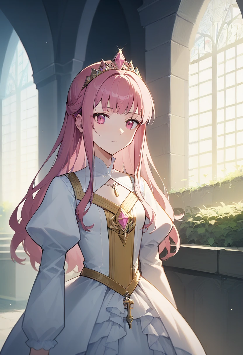 score_9, score_8_up, score_7_up, source_anime, best quality, high resolution, masterpiece, absurdres,vector trace,anime screencap, key art style, cinematic lighting, morning, 1girl, solo, standing, long hair, standing, upper body, pink eyes, medieval, jewelry, luxery, embrodieries, gold acessories, dress, princess, frilly ball_skirt, gown, royalty, makeup, tiara, shiny jewlery, (young teenager, small breasts),hortensia, elise