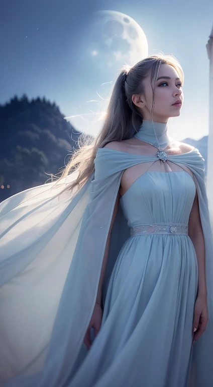 masterpiece, (Highest quality: 1.2), (Super Fine: 1.2), figure, (Very delicate and beautiful: 1.2), Film Angle, floating, (Beautiful detailing: 1.1), (Detail Light: 1.1), Film Light, Delicate Sky, woman, Gray Hair, blue eyes, (High Ponytail: 1.1), Cape, Glowing Eyes, (moon: 1.2), (moonlight: 1.1), Starry Sky, (Particles of light: 1.1), fog , Snow Painting, sketch, flowering