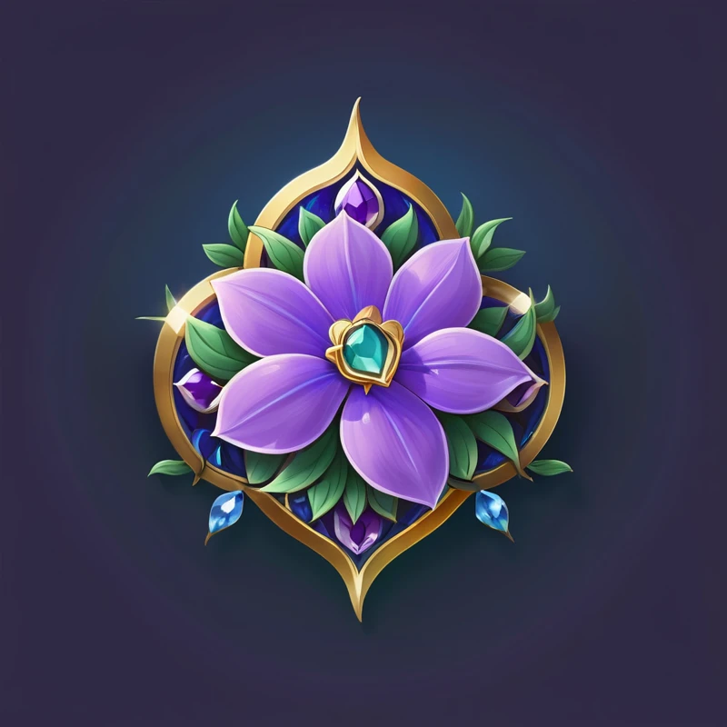 Purple flowers,Green flower center,Surrounded by gold and blue petals, Heart Stone original art style, Clematis themed logo, Capability Image, Stylized art, Floral Pattern, gem, Game Icon Assets, Glowing delicate flowers, Qatar, Alylia, Heart Stone, violet flower, Describing a flower, Astrie Lohne, Star-shaped alpine flower, Flower core