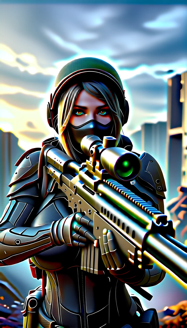 Young and very beautiful female sniper, aiming the muzzle of her sniper rifle at the viewer, detailed ideal proportions, shapely large breasts, detailed face, beautiful eyes, long eyelashes, serious expression, tactical helmet, camouflage latex suit, tactical equipment, sniper rifle, war-torn landscape, cloudy, foggy, ruins, wreckage, cinematic lighting, grainy, gloomy, dark, muted colors, realistic, 8k, high resolution, detailed description, masterpiece