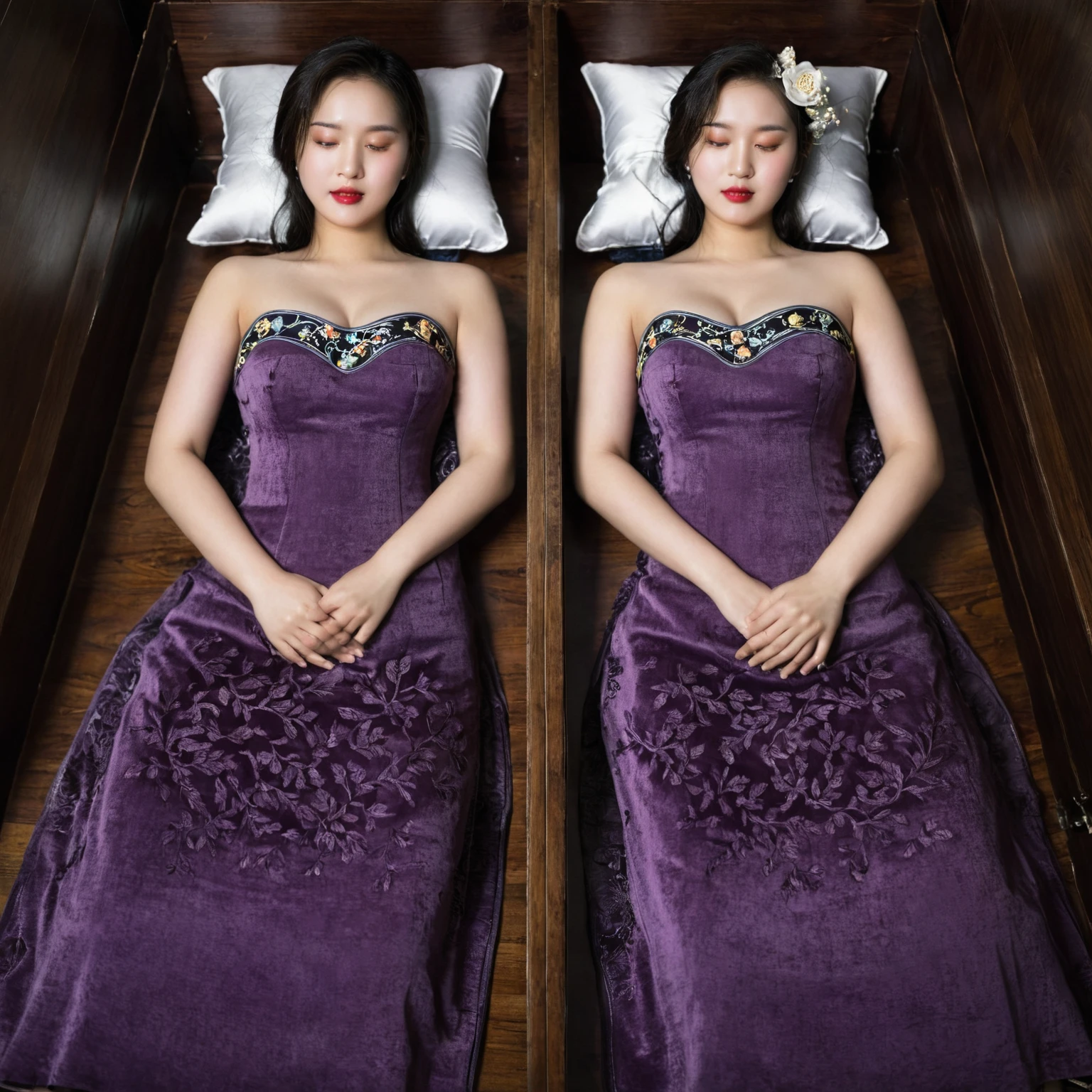 In a striking 8K HDR scene, a stunning Korean woman, 22 years old, lies peacefully in a black coffin surrounded by plush pillows. The deep box is set against a rich black background, accentuating the beauty of the subject. Her exquisite cheongsam attire is embroidered with superb detail, showcasing her round and firm breasts, perfect cleavage, and beautiful eyebrows. Her closed eyes and mouth give an air of serenity, while her visible and absolute cleavage leave nothing to imagination. The scene is bathed in saturated colors, highlighting every intricate aspect from the ball skirt to her clean face, straight body, detailed hand perfect hands, straight body, own hands together, own hand on stomach, detailed hands, perfect hands.