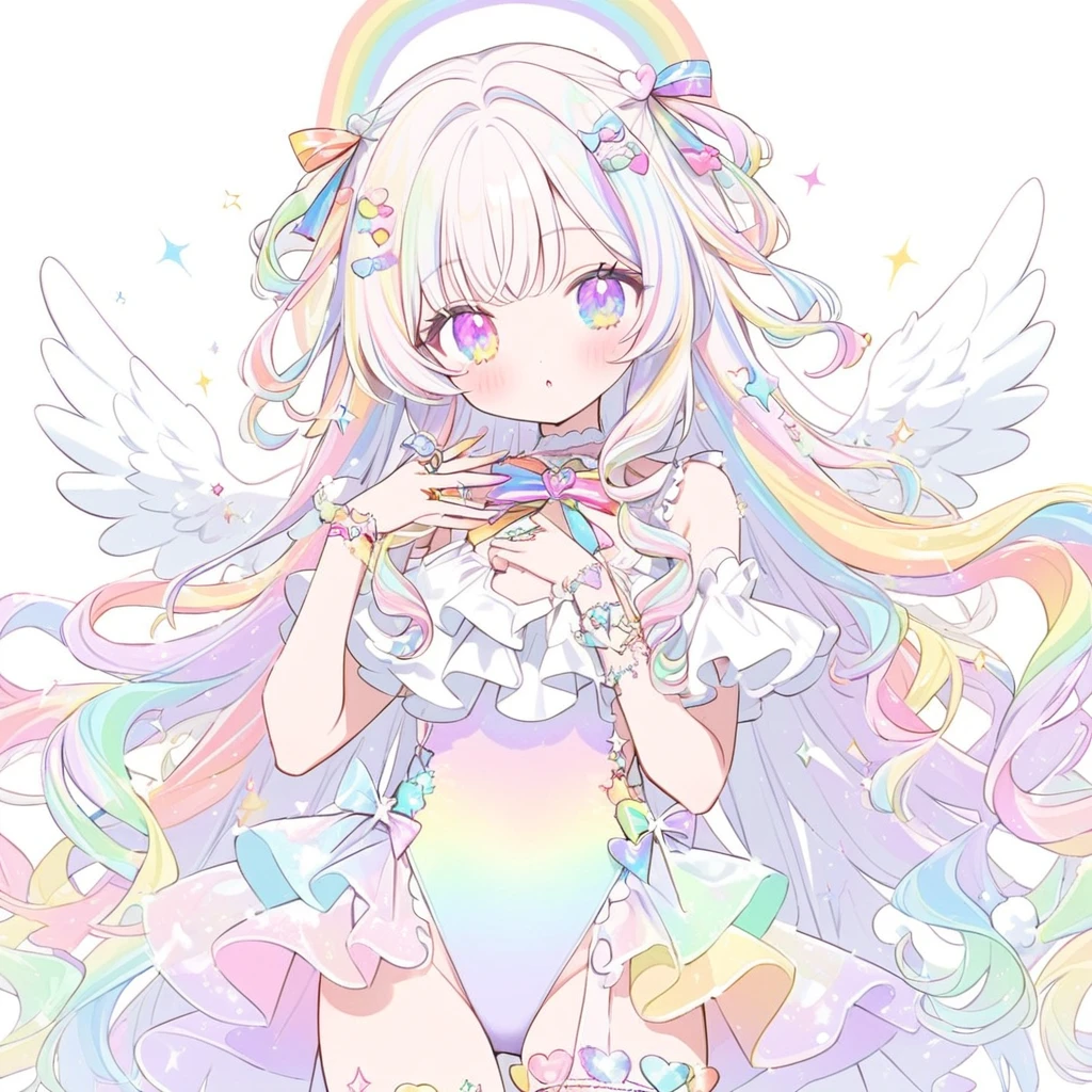 White Angel, rainbow colors ribbon, pastel rainbow colors angel ring, rainbow colors one-piece,rainbow colors and angel wings, cute white background ,rainbow colors long Curl hair,glitter rainbow colors eyes