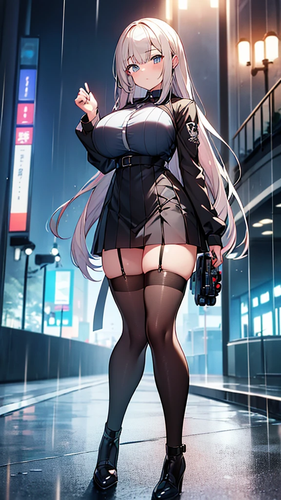 ((masterpiece, high resolution, best quality, best details, anime)), a woman standing in a bunny suit and an open doctor's coat in a doctor's office, white coat, bunny ears, sexy black leotard, ((black stocking)), platform high heels, long hair, light gray hair, gray eyes with black outline, glasses, doctor's office landscape, curvy body,